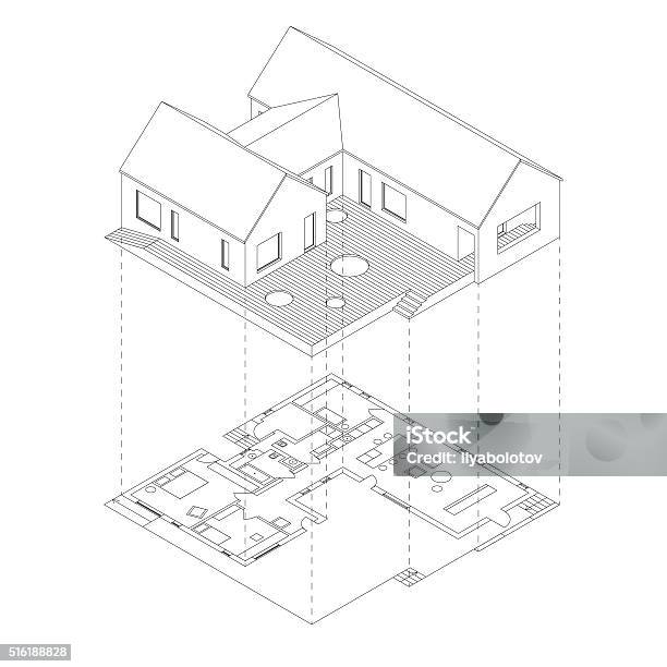 Maison Avec Plan De De Projection Vecteurs libres de droits et plus d'images vectorielles de Maison - Maison, Perspective isométrique, Plan d'architecte