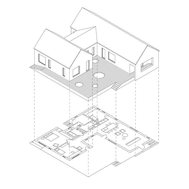 House projection with plan House with plan projection on white background. Isometric line illustration of sketch house. house outside drawings stock illustrations