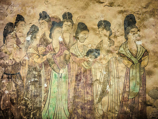 Tang Dynasty fresco Tang Dynasty fresco in ZhangLe princess Mausoleum.long exposure in the princess mausoleum. maiden stock pictures, royalty-free photos & images