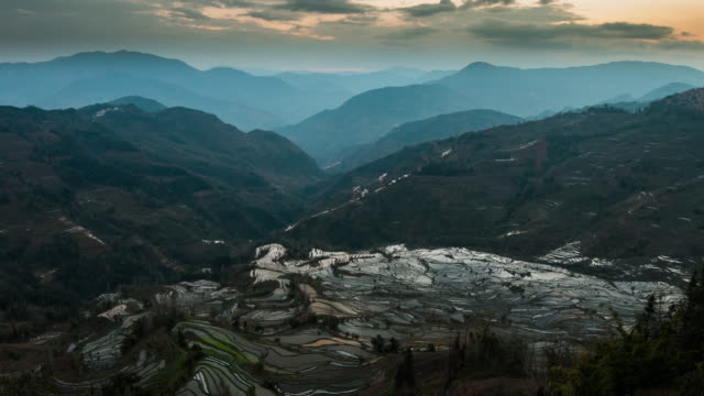Landscapes on mountain and rice terrace with ray light in China