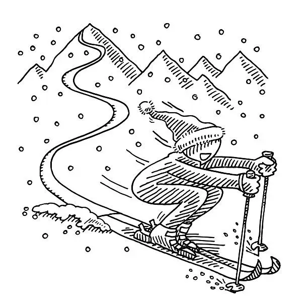 Vector illustration of Happy Skiing Winter Sport Drawing