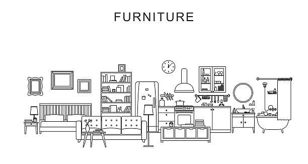 Furniture and home decoration. Vector line illustration of furniture and home decoration. kitchen silhouettes stock illustrations