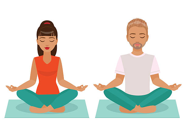 ilustrações de stock, clip art, desenhos animados e ícones de jovem homem e mulher prática de ioga - white background yoga exercising women