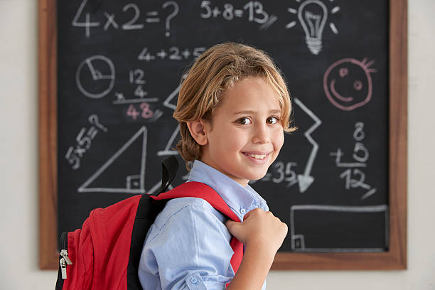 istock Student with schoolbag in front of black board 516206406