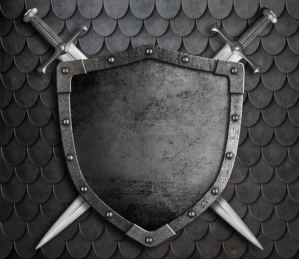 istock medieval shield with two crossed swords over scales armour background 516206730