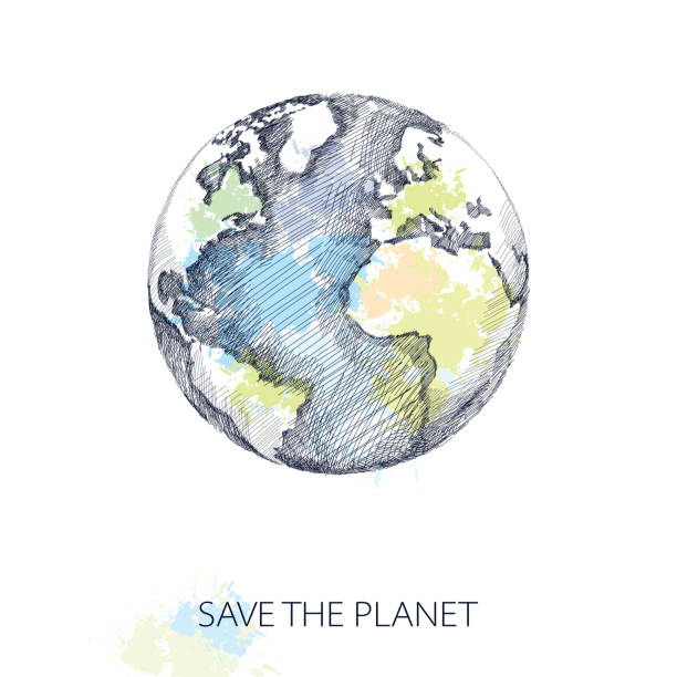벡터 스케치 of 지구별 행성입니다 검정색 고립 인명별. - pollution planet sphere nature stock illustrations