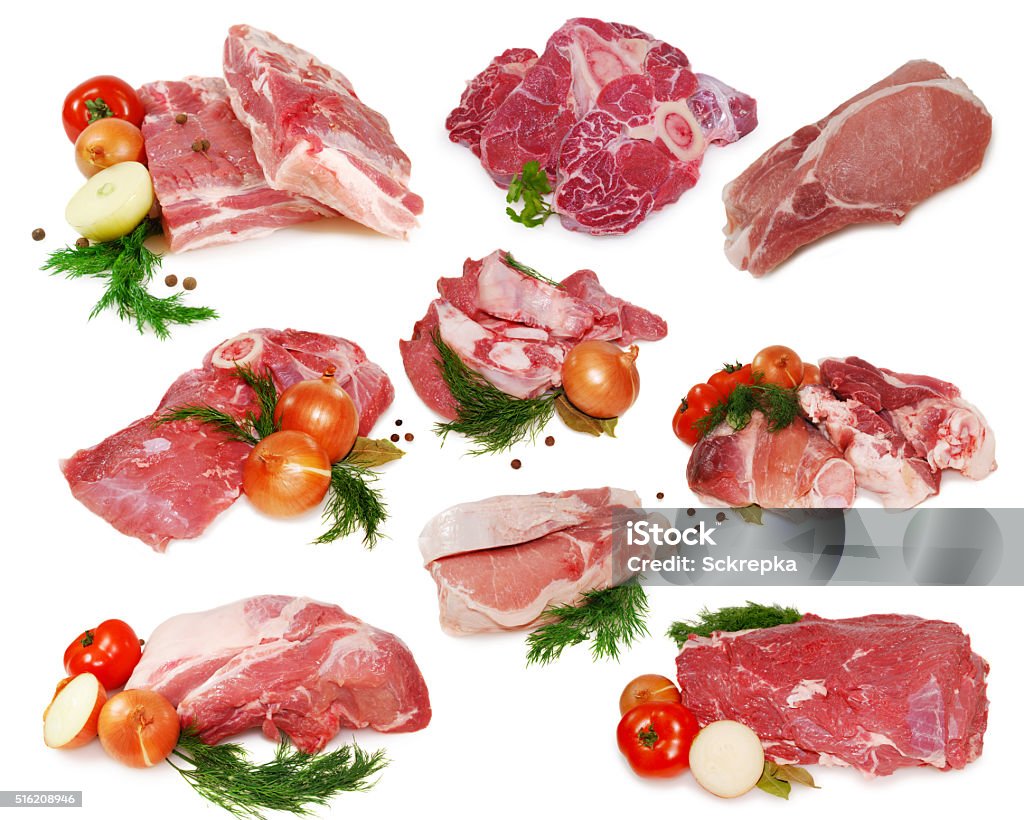 Raw meat. Collection of different pork and beef slices isolated Raw meat. Collection of different pork and beef slices isolated on white  Meat Stock Photo