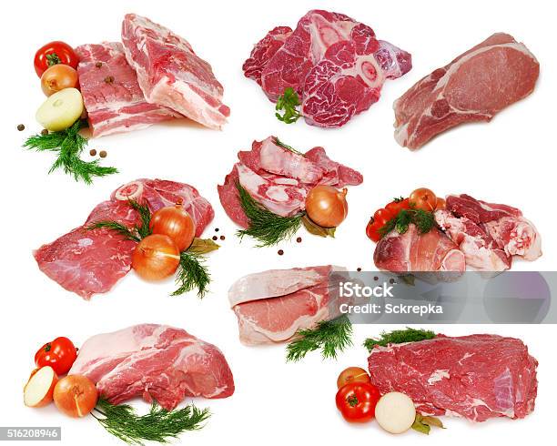 Raw Meat Collection Of Different Pork And Beef Slices Isolated Stock Photo - Download Image Now