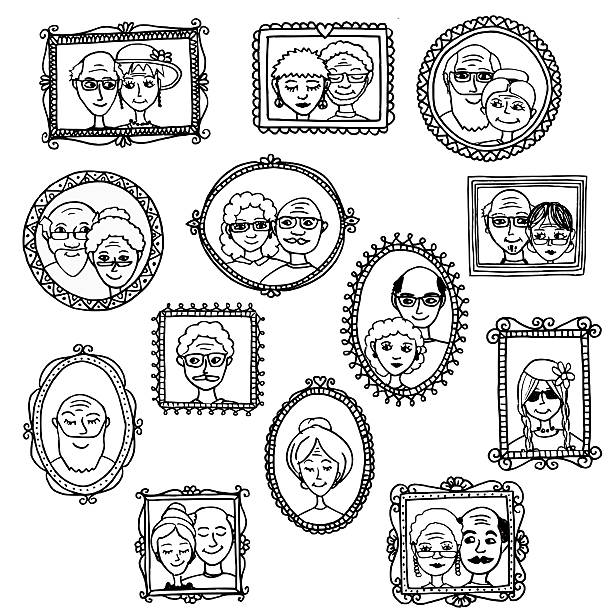 Hand drawn portraits of old people Hand drawn portraits of old people in picture frames family photo on wall stock illustrations
