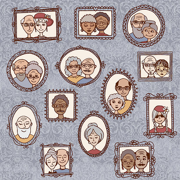 Picture frames with portraits of elderly people Hand drawn illustration of portraits of old couples and single people family photo on wall stock illustrations