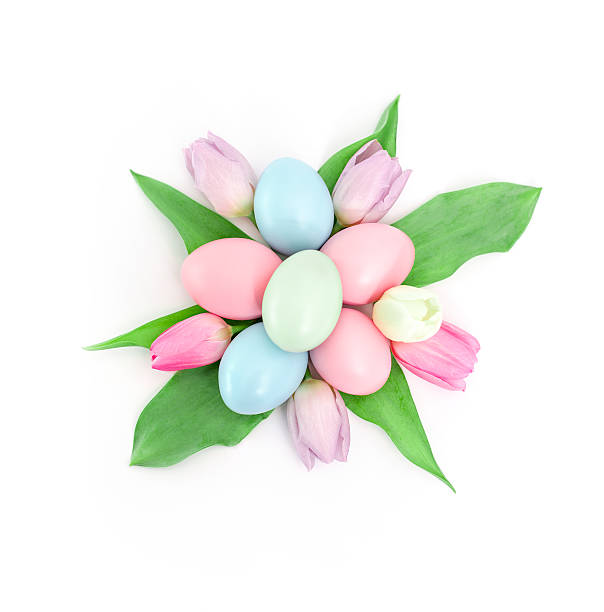 Pastel-coloured tulips and easter-eggs stock photo
