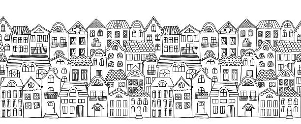 Houses Banner Hand drawn seamless horizontal banner of a city with cute little houses coloring illustrations stock illustrations