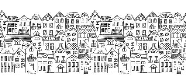 Houses Banner Hand drawn seamless horizontal banner of a city with cute little houses monochrome house stock illustrations