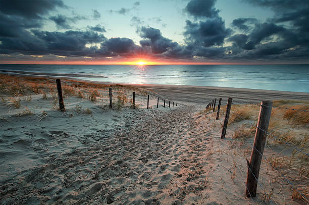 sand path to North sea beach at sunset, Netherlands