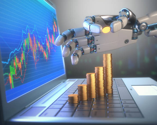 roboter trading-system am lager markt - industrieroboter arm grafiken stock-fotos und bilder