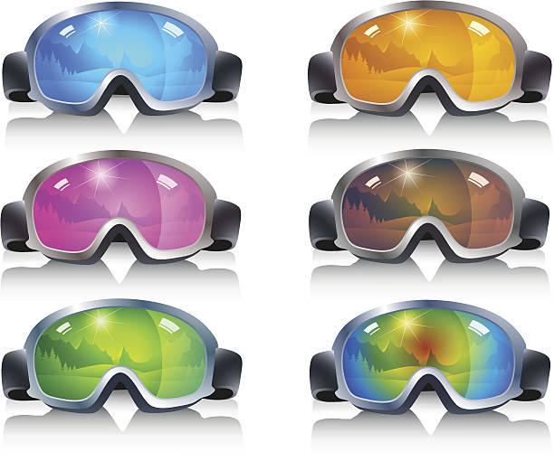 Ski glasses in different colors with mirror images of mountains Ski glasses in different colors with mirror images of a mountain landscape. Download contains EPS 10, AI 10, AI CS5, PDF, JPEG (6928 x 5883 px) and has transparencies. ski goggles stock illustrations