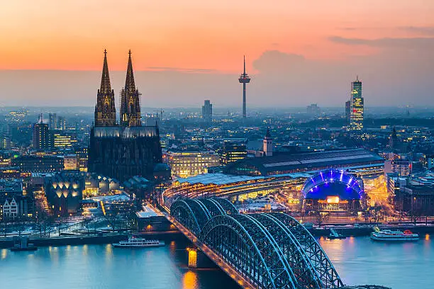 Aerial view on Cologne at dusk