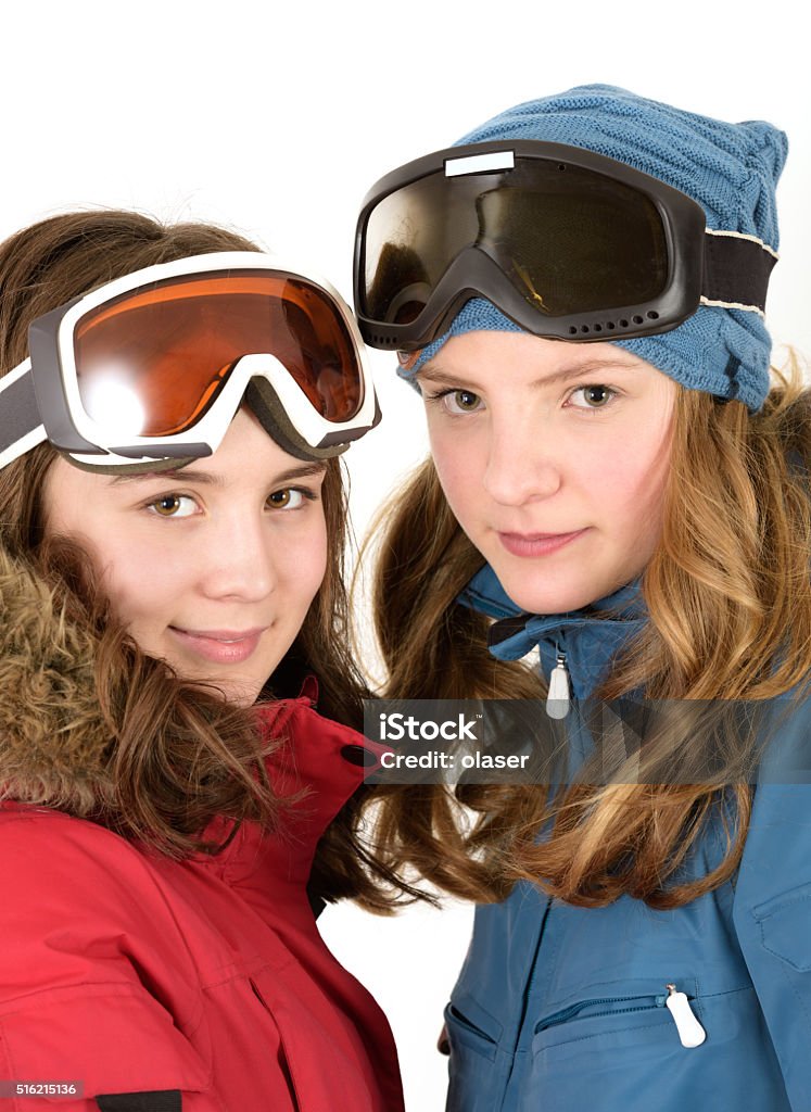 14 year old teen girls in ski wear Portrait of 14 year old teen girls 14-15 Years Stock Photo