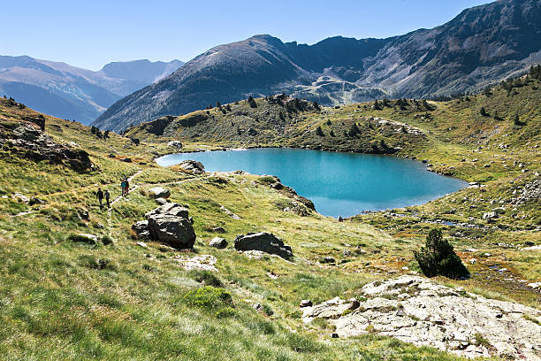 pyrenean landscape view on a lake in pyrenean mountain andorra photos stock pictures, royalty-free photos & images