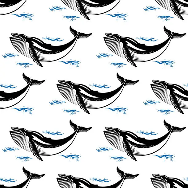 Vector illustration of Swimming whale seamless pattern