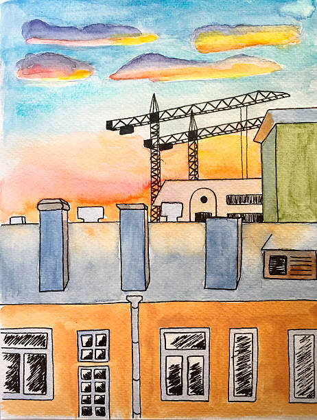 istock Watercolor hand-painting house and buildings cranes 516218164