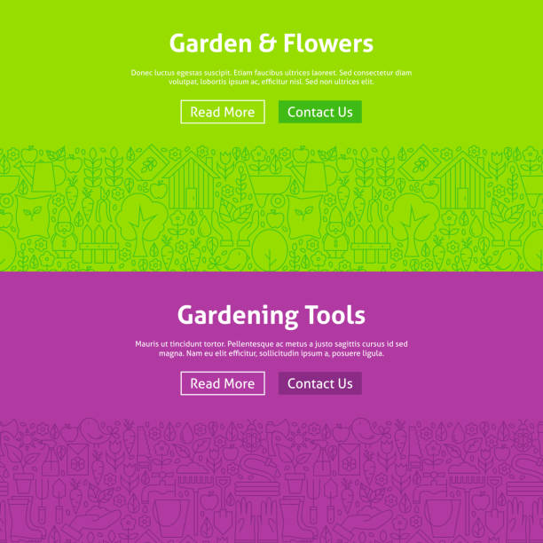 庭園と花の線画 web バナーセット - trowel vegetable garden gardening seed点のイラスト素材／クリップアート素材／マンガ素材／アイコン素材