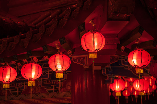 Red lanterns hanging in rows during chinese lunar new year at Thean Hou Temple, Kuala Lumpur, Malaysia