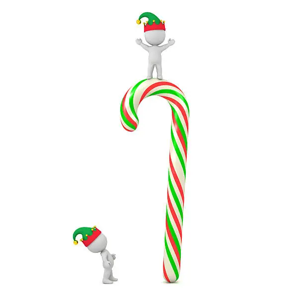 Small 3D characters with elf hats and a large colorful candy cane. Isolated on white background.