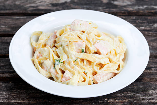 istock tasty pasta with salmon, dill on plate 516220046