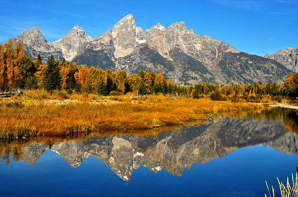 caída de agua con reflejos en el grand tetons. - parque nacional de yellowstone fotografías e imágenes de stock