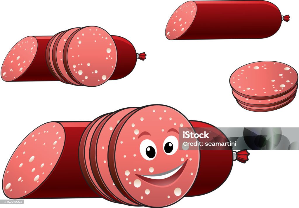 Cartoon sliced salami or pepperoni sausage Cartoon sliced salami or pepperoni sausage with a happy smiling face with a toothy grin, isolated on white background Appetizer stock vector