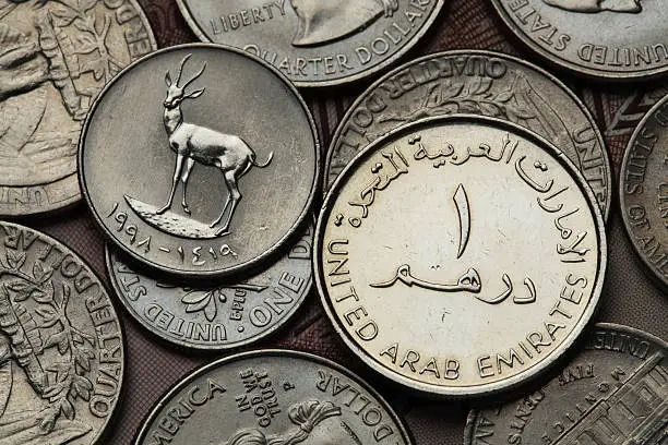 Coins of the United Arab Emirates. Sand Gazelle (Gazella subgutturosa marica) depicted in an UAE dirham coin.