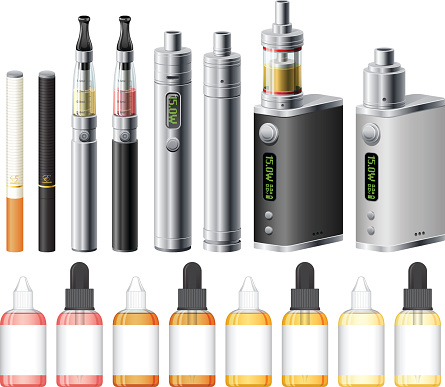 A set of different electronic cigarette styles with different colored bottles of e-liquid. File contains gradients. Shown are a 'cigalike' style (that looks like a traditional cigarette), a 'pen' style, and a mechanical mod.