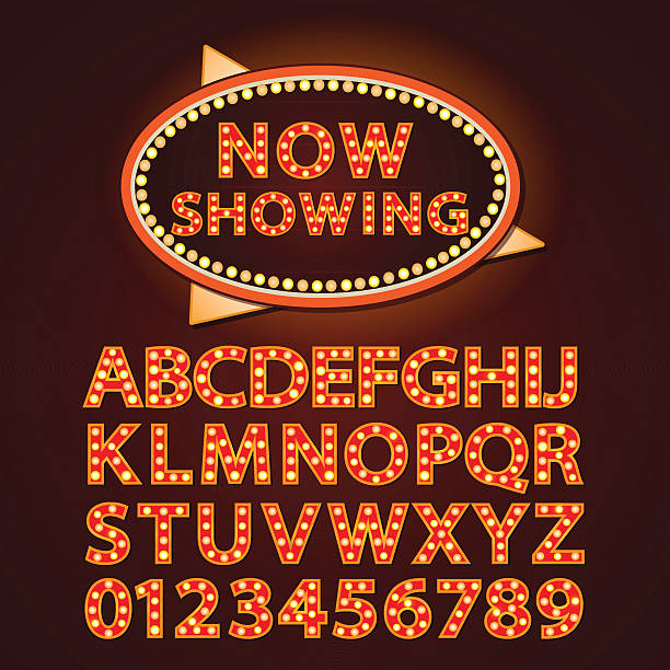 Vector orange neon lamp letters font show cinema or theather Vector orange neon lamp letters font show cinema and theather theather stock illustrations