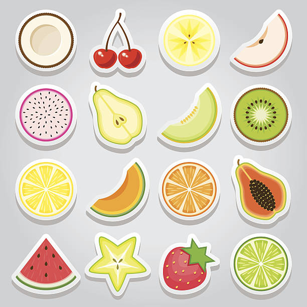 ilustrações, clipart, desenhos animados e ícones de ícone conjunto de adesivos de frutas - orange fruit portion multi colored
