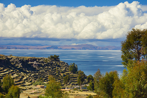 View of agricultural terraces at Amantani Island in Lake Titicaca, Puno, Peru