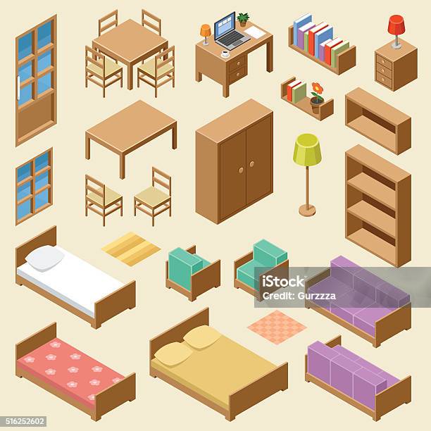 Isometric Furniture Set Stock Illustration - Download Image Now - Isometric Projection, Bed - Furniture, Bedroom