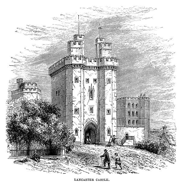 Lancaster Castle in the 19th century Lancaster Castle in the 19th century. Engraving from “Wycliffe to Wesley; Heroes and Martyrs of the Church in Britain” published in 1885 by T. Woolmer, London. Author Gregory J. Robinson. Lancaster Castle was notoriously used for the trials and executions of the “Lancashire Witches” in the 17th century.  lancaster lancashire stock illustrations
