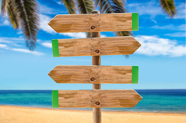 cartello sulla spiaggia palma - wooden post wood sign poster foto e immagini stock