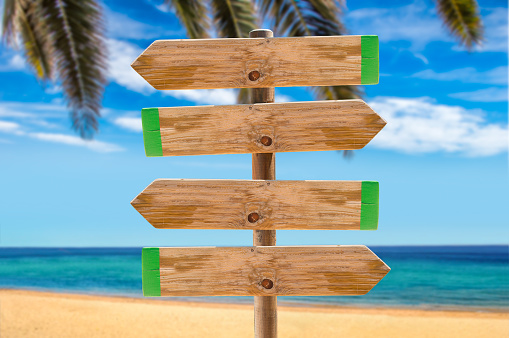 wooden signpost in the meadow with copyspace on the beach and palms