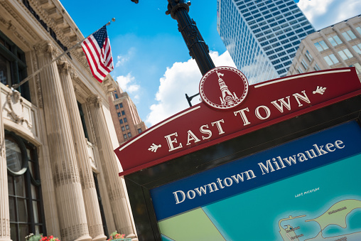 Milwaukee, Wisconsin, USA - July 10, 2013: View of the Milwaukee downtown map on a billboard in the downtown of Milwaukee. 