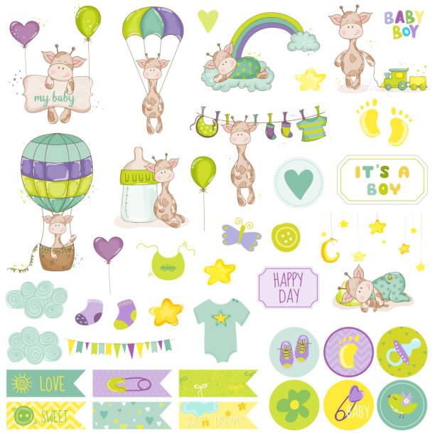 illustrazioni stock, clip art, cartoni animati e icone di tendenza di bambino giraffa album di ritagli impostare. scrapbooking vettoriale. elementi decorativi - backgrounds party birthday announcement message