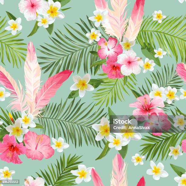 Tropical Flowers Background Vintage Seamless Pattern Vector Pattern Stock Illustration - Download Image Now