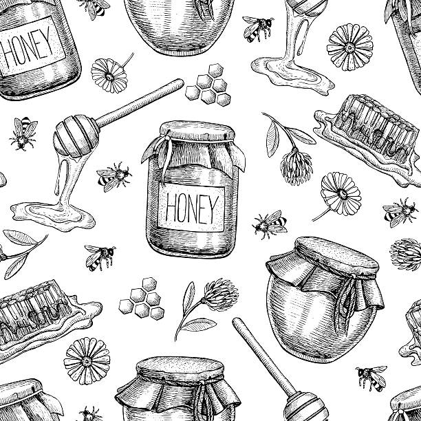 ilustrações de stock, clip art, desenhos animados e ícones de vector mel motivo homogéneo. vintage fundo desenhado à mão. - frasco comida biologica
