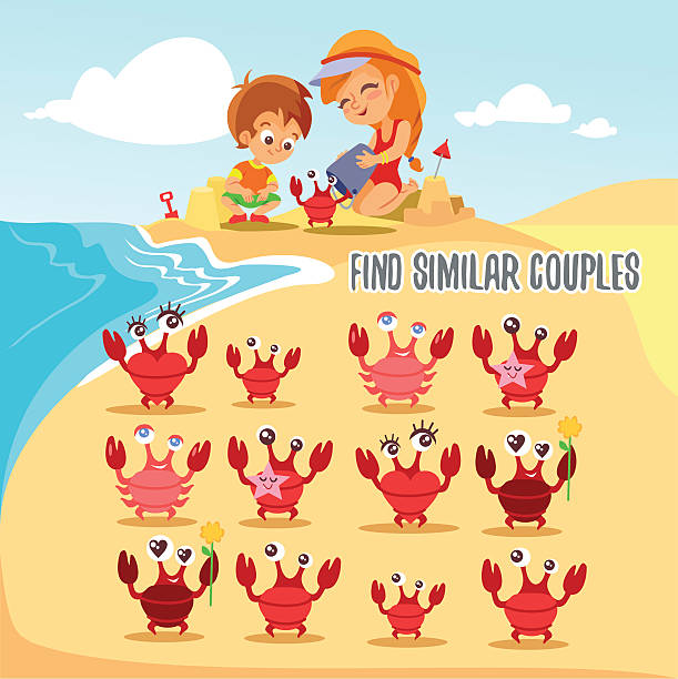 Game for kids with finding pairs of cute cartoon crabs. Funny match-up game for preschool kids education. Find six pairs of cute cartoon crabs.Visual puzzle to match.Kids game design ready template. Vector illustration discover card stock illustrations