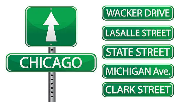 Vector illustration of Chicago street signs isolated over white