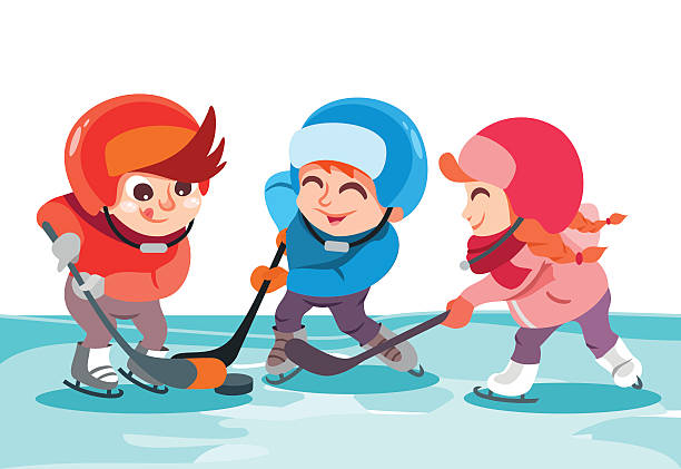 ilustraciones, imágenes clip art, dibujos animados e iconos de stock de niños y niña jugando de hockey sobre hielo sobre hielo. - ice skating ice hockey child family