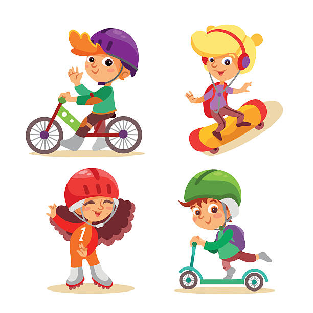 ilustrações de stock, clip art, desenhos animados e ícones de pequeno crianças com várias actividades de verão. - helmet bicycle little girls child