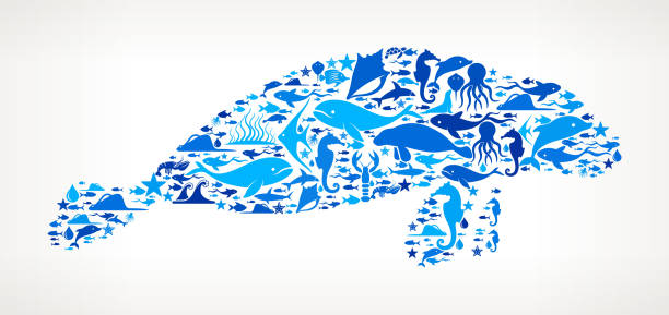 illustrazioni stock, clip art, cartoni animati e icone di tendenza di manateeocean e vita marina motivo icona blu - seaweed sea pattern green