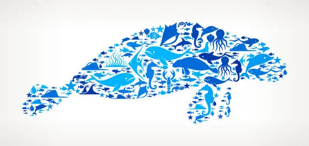 Vector illustration of ManateeOcean and Marine Life Blue Icon Pattern